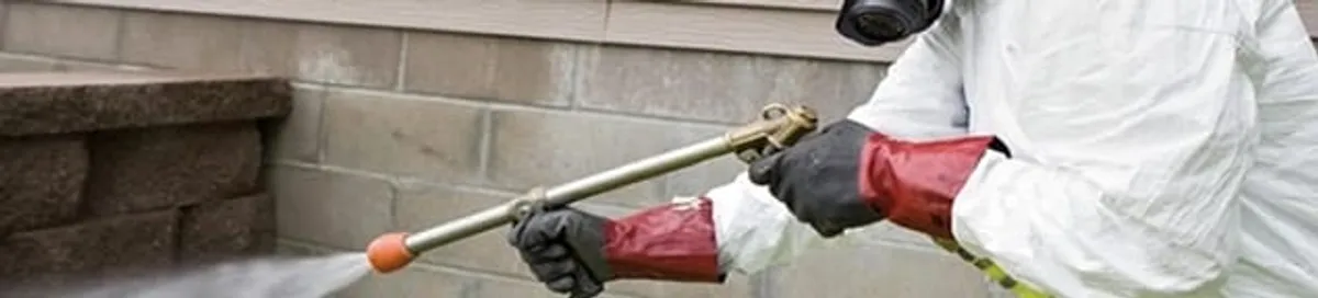 Pest control technician applying exterior insect treatment along a home foundation in Saint Petersburg, FL