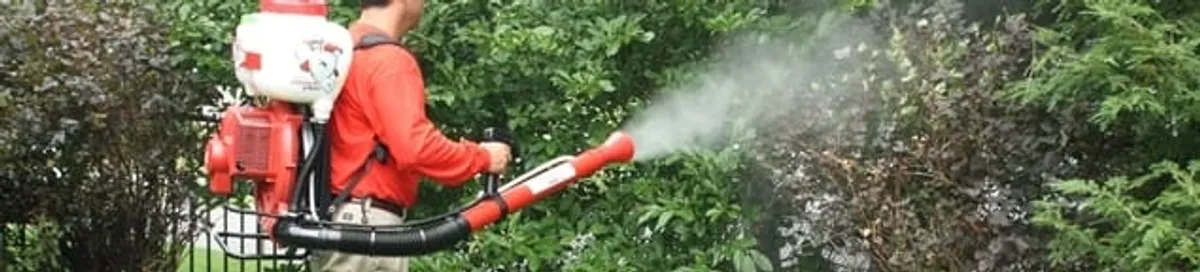 Mosquito control technician fogging shrubs and landscaping for mosquito treatment in Saint Petersburg, FL