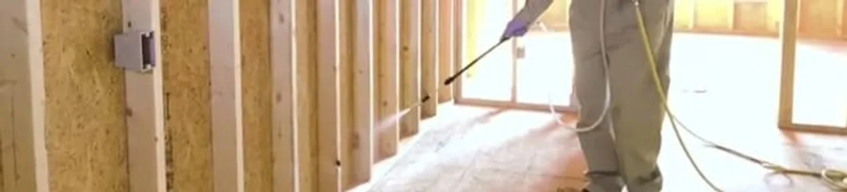 Termite treatment technician applying spray along framing and unfinished walls in Saint Petersburg, FL